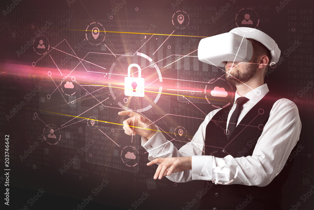 Businessman with DJI goggles controlling 3D illustrated network, and series on the background
Businessman with DJI goggles controlling 3D illustrated network, and series on the background