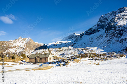 The famous Alps pass Simplonpass with the hinstoric hospice - Simplon Hospiz, which was to ensure the safety of travellers crossing the alps from Switzerland to Italy.