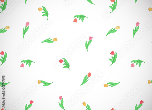 Horizontal card with small cartoon colored flowers, tulips on white background.
