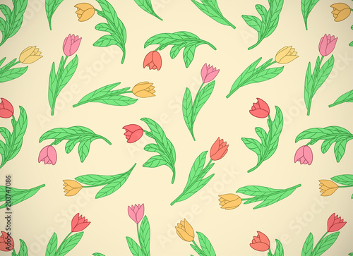 Horizontal card with cute small cartoon colored flowers, tulips on yellow background.