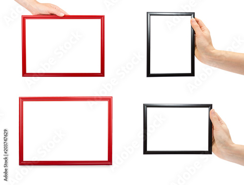 set of different Decorative black and red photo frame with hand isolated on white background