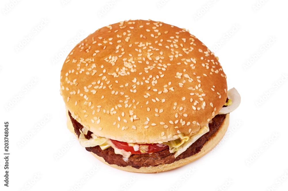 Fresh tasty burger with cheese isolated on white background. Fast food Cheeseburger Fresh tasty burger with cheese isolated on white background. Fast food Cheeseburger