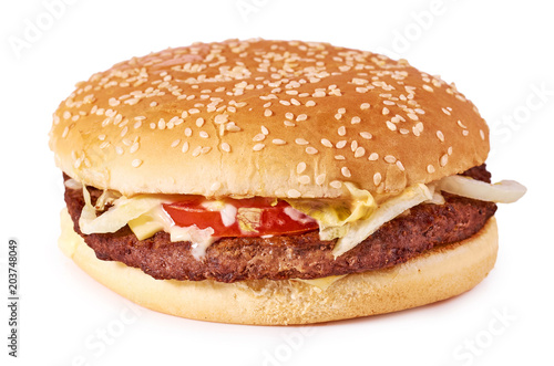 Fresh tasty burger with cheese isolated on white background. Fast food Cheeseburger