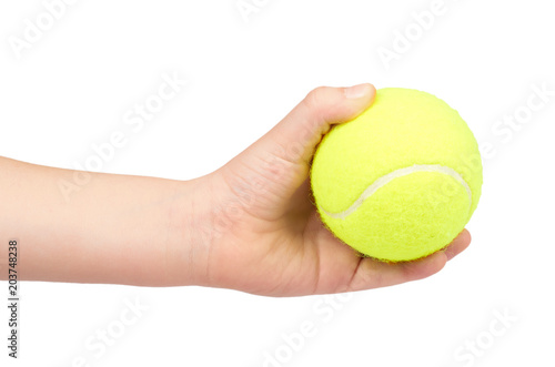 Kid hold tennis ball in hand, isolated on white background