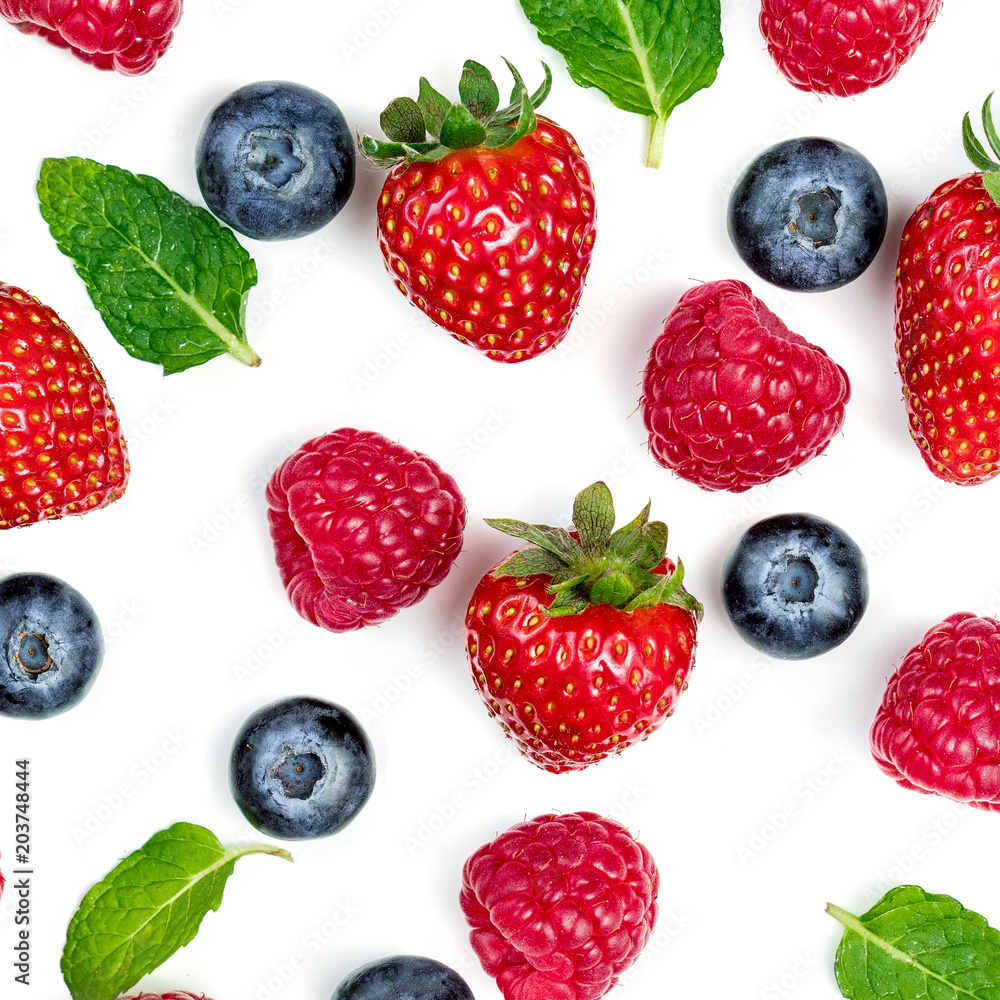Creative pattern with various fresh berries isolated on white background, top view. Creative pattern with various fresh berries isolated on white background, top view.