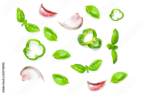 Fototapeta Naklejka Na Ścianę i Meble -  Creative food pattern with Fresh vegetables, herbs and spices isolated on white background.  Flat lay. 