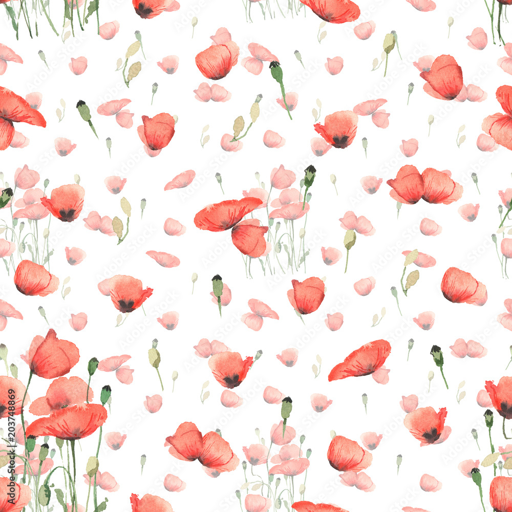 Seamless background with red poppy flowers, in watercolor style. Seamless background with red poppy flowers, in watercolor style.