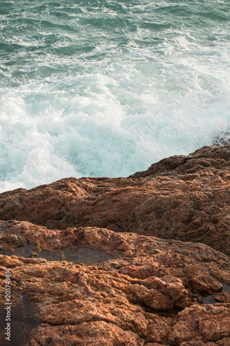 Waves splashing onto rocks, rocky coastline, South China Sea, Guangdong province, China