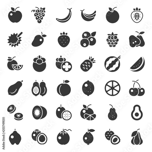 Cute fruit solid icon set, such as orange, kiwi, coconut, banana, papaya, peach, tropical fruits