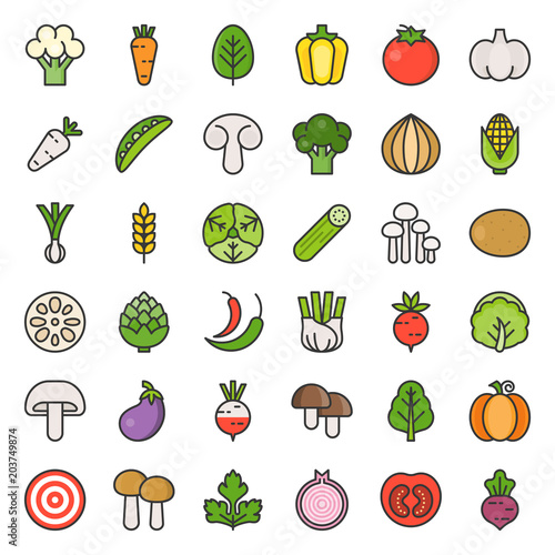 Cute vegetable and mushroom, filled outline icon