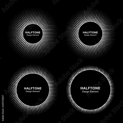 Set of abstract vector circle frame halftone dots logo emblem design element for medical, treatment, cosmetic. Round border Icons using halftone circle dots raster texture. Vector illustration.