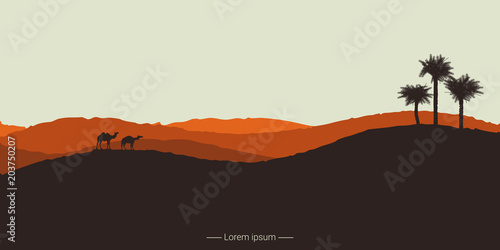 Landscape of the desert with camels and palm trees.