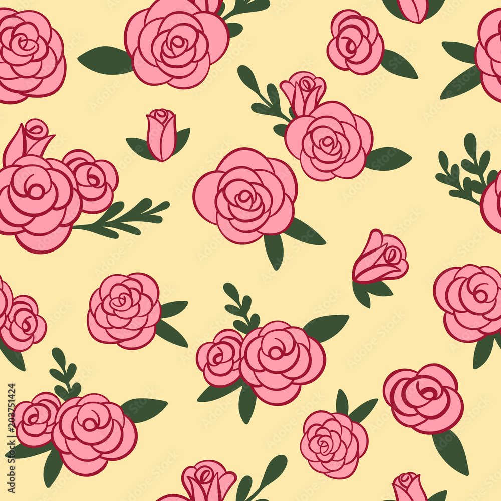 Pink and yellow Rose Garden seamless background. Spring Roses. Perfect for wallpaper, scrapbooking,