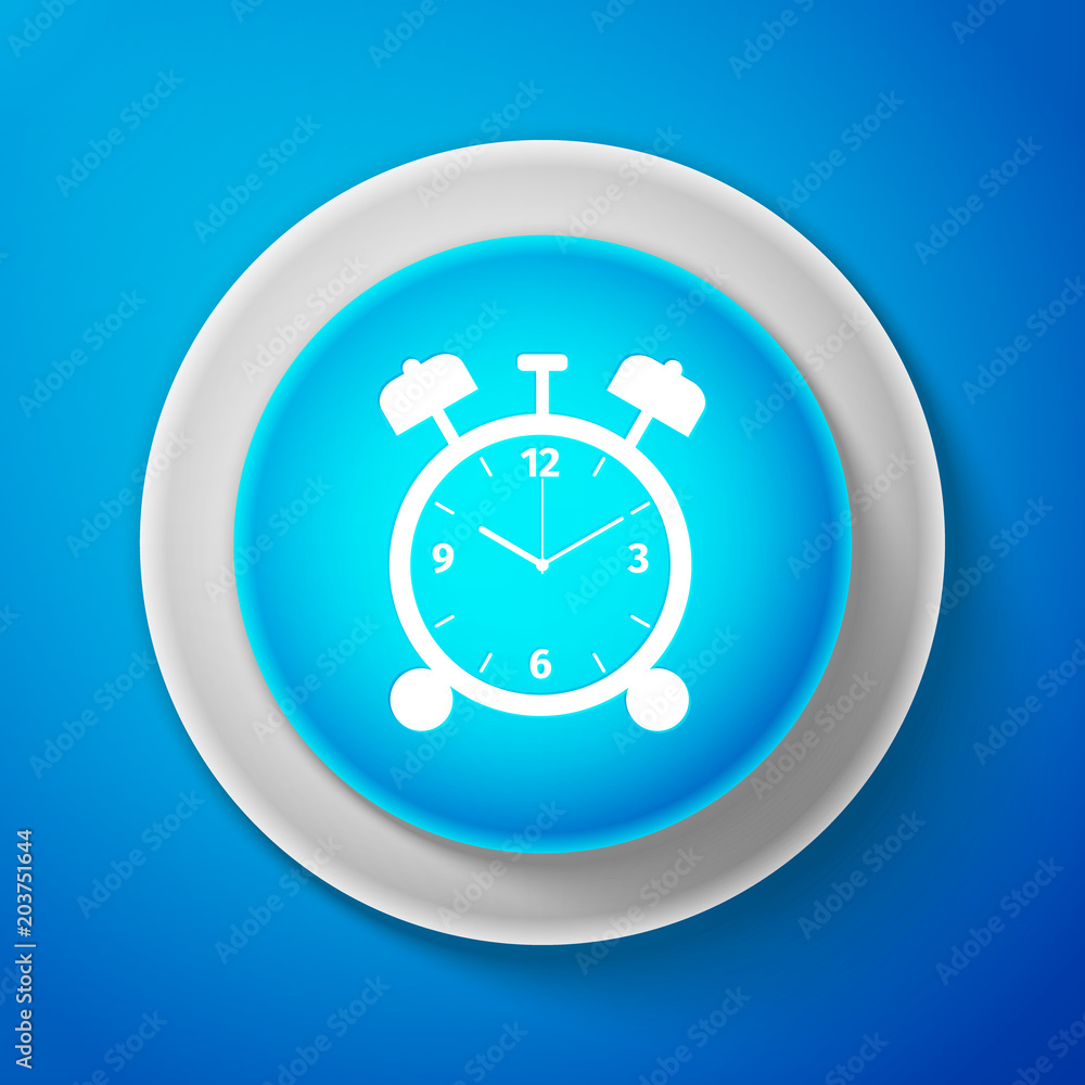 White Alarm clock icon isolated on blue background. Wake up, get up concept. Time sign. Circle blue button with white line. Vector Illustration White Alarm clock icon isolated on blue background. Wake up, get up concept. Time sign. Circle blue button with white line. Vector Illustration