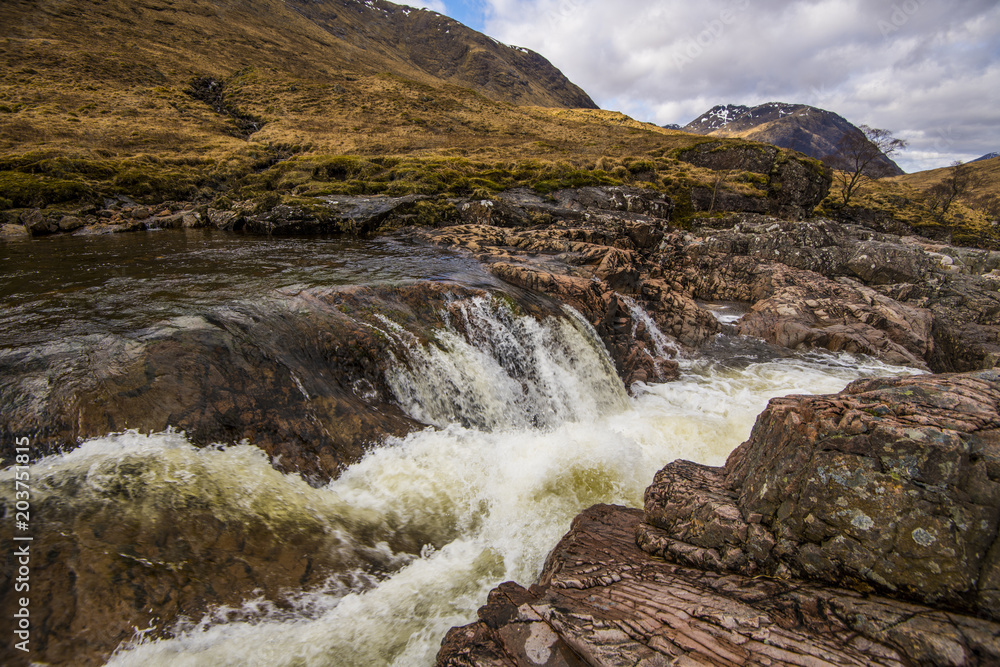 Fototapeta premium Glen Etive Waterfall Poster - a view of this famous Scottish Glen