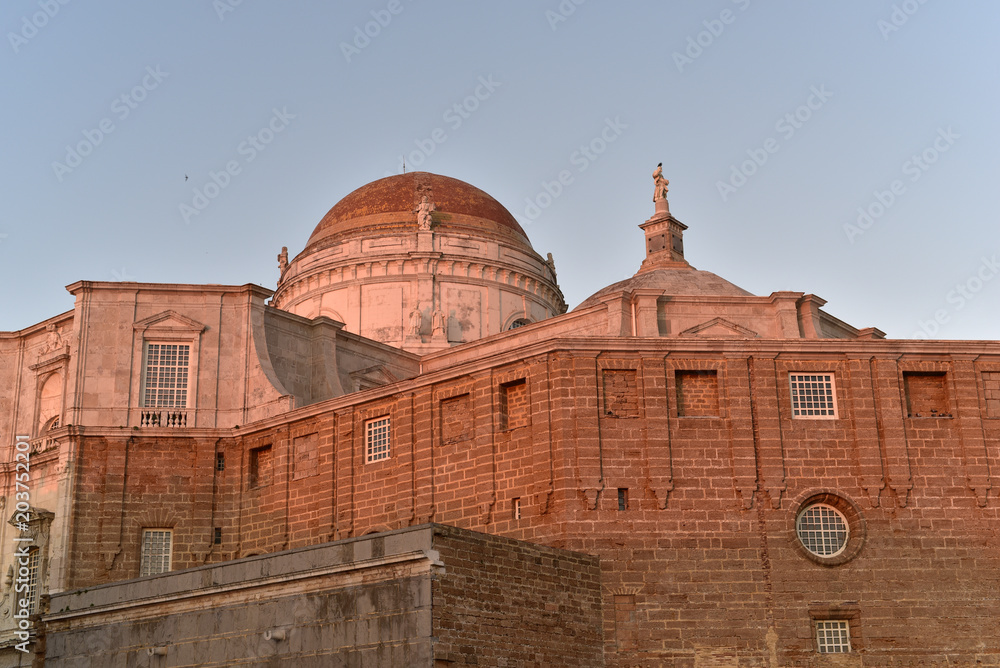 Yellow dome detail of the Catedral de la Santa Cruz, Cadiz, Andalusia, Spain