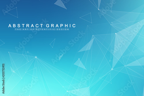 Geometric graphic background molecule and communication. Big data complex with compounds. Perspective backdrop. Minimal array. Digital data visualization. Scientific cybernetic vector illustration.