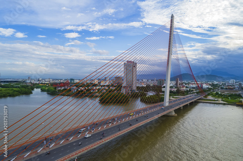 Aerial view Tran Thi Ly Bridge, Han driver in Da Nang City, Vietnam