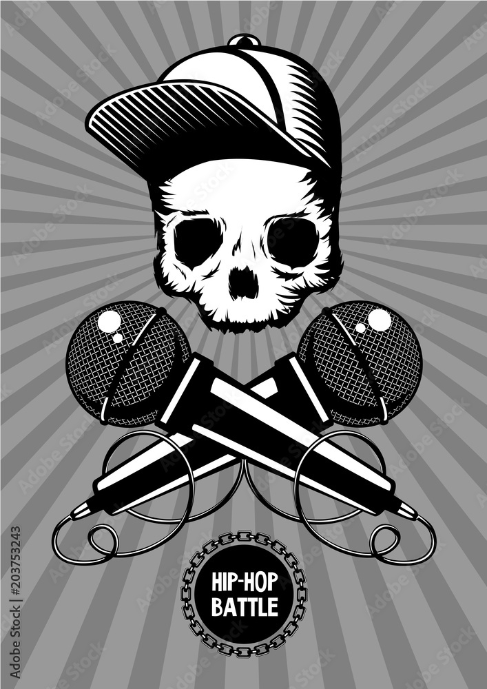 Hip-hop battle music poster with skull and microphones. Rap show vector  illustration. Stock Vector