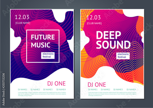 Deep sound. Abstract poster for electronic music festival. Guilloche line and dynamic fluid background.