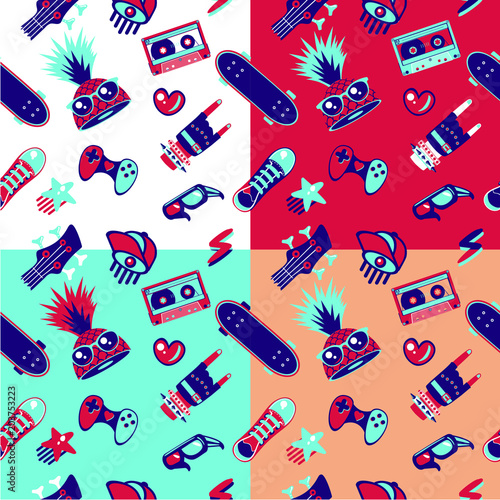 Funky seamless pattern with teenagers culture elements. Teens fashion, bright vector texture.