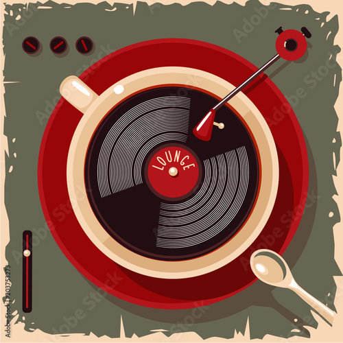 Coffee cup with vinyl record. Lounge cafe bar vintage illustration. Vector retro style.