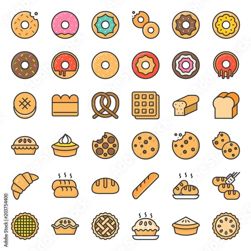 Bread, donut, pie, bakery product, filled outline icon set