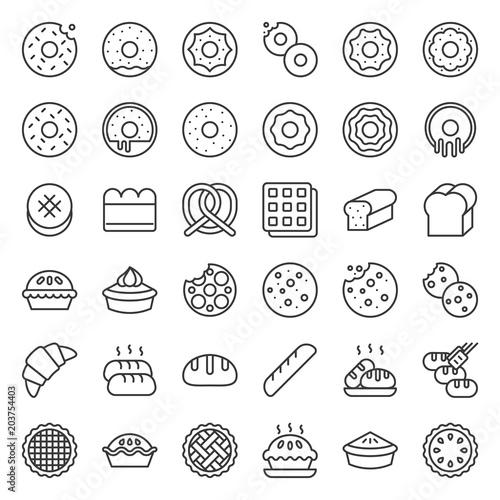 Bread, donut, pie, bakery product, outline icon set
