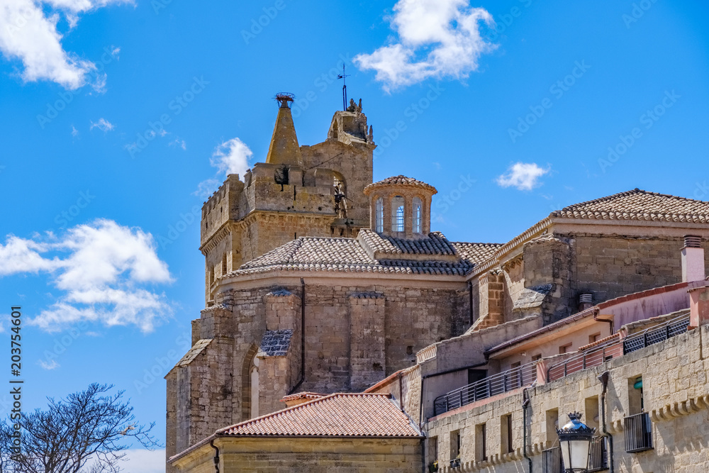 Detail of the slate roofs and crenellated towers of the fortress church of San Juan, in the village of Laguardia in Alava, Spain