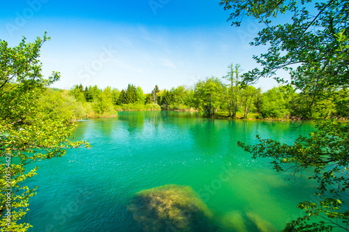  Panoramic view on beautiful green river waterfall on Mreznica, Belavici, Croatia 