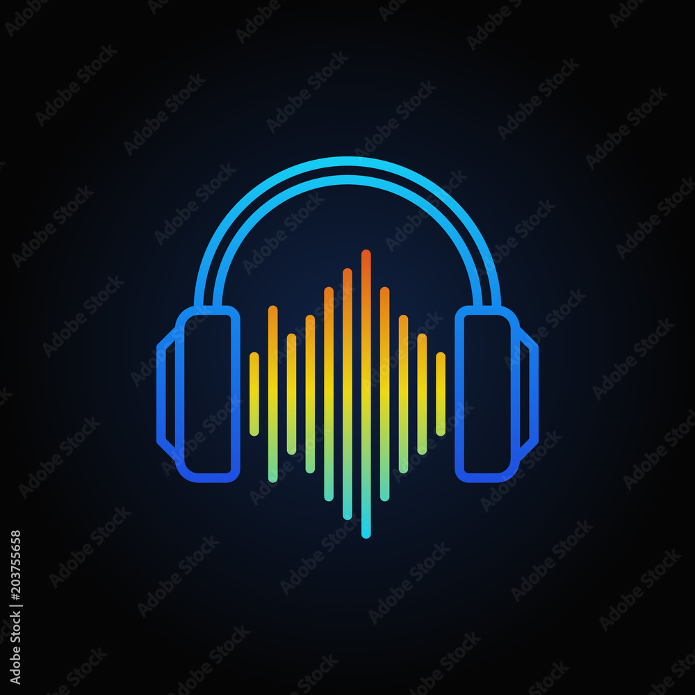 Blue Headphones with sound wave vector outline icon Blue Headphones with sound wave vector outline icon