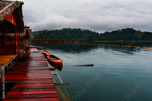 The raft on the lake with mountain background