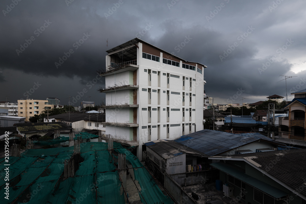 The building with storm background