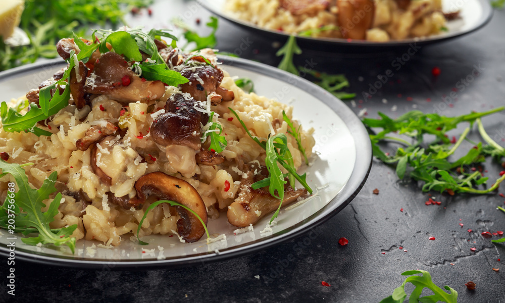 Italian Mushroom risotto with parmesan cheese and wild rocket on top. Italian Mushroom risotto with parmesan cheese and wild rocket on top.