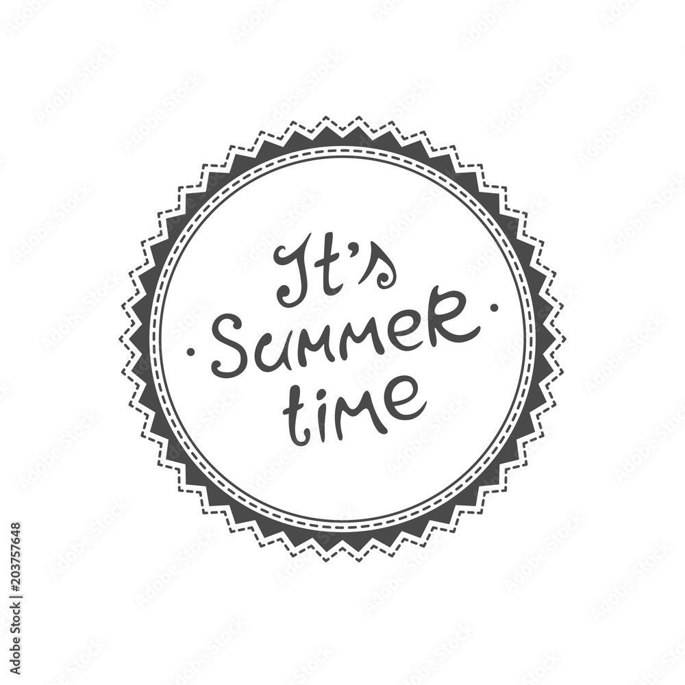 Graphic inscription It's Summer time! Vector icon with text. Template with abstract sun. design logo