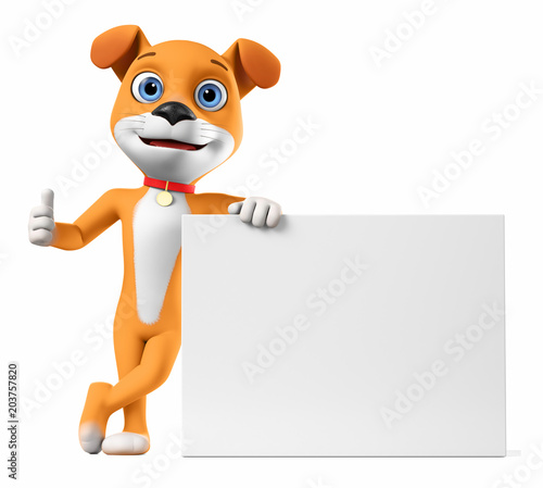 A cheerful dog leans against an empty board and shows a thumbs up on a white background. 3d render illustration. © 3dddcharacter