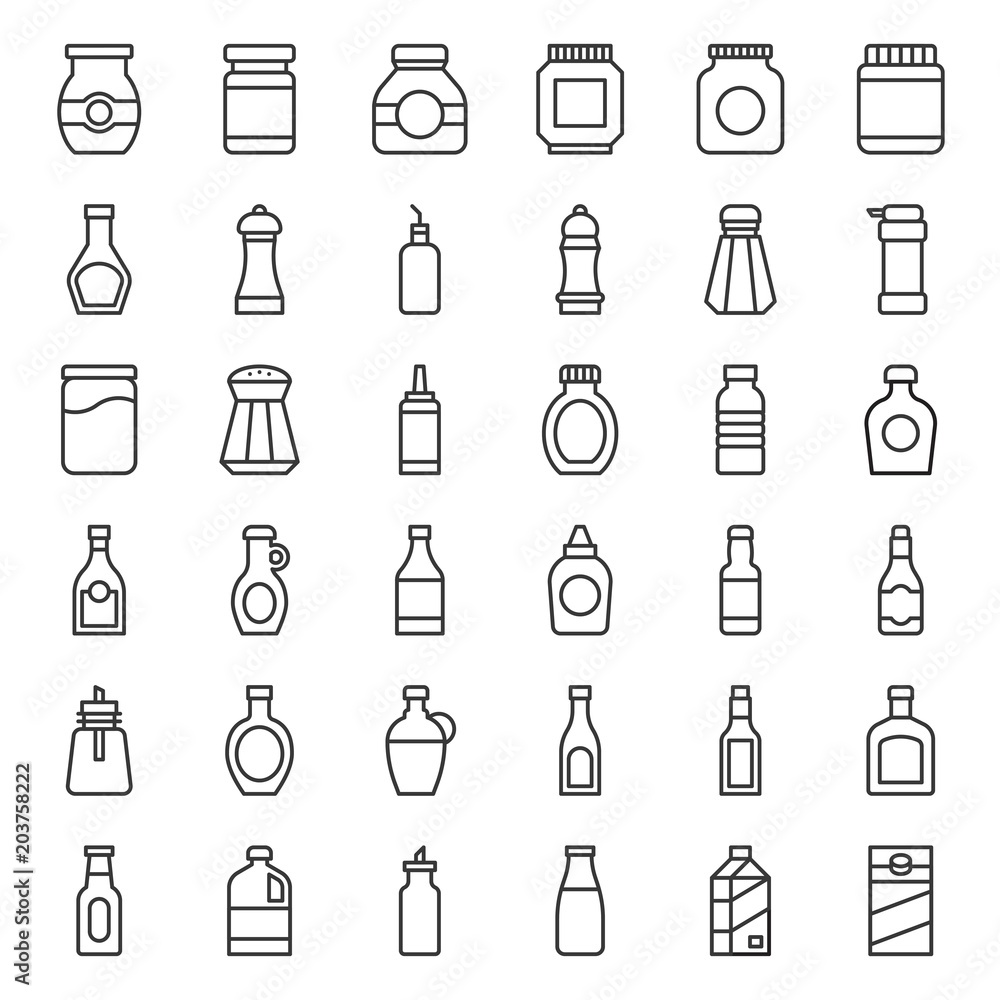 Food and drink container outline icon, such as salt shaker, olive oil bottle, peanut butter jar, jam glass bottle, milk carton, maple syrup, sauce, wine, soy sauce Food and drink container outline icon, such as salt shaker, olive oil bottle, peanut butter jar, jam glass bottle, milk carton, maple syrup, sauce, wine, soy sauce