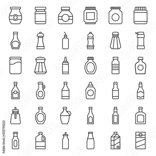 Food and drink container outline icon, such as salt shaker, olive oil bottle, peanut butter jar, jam glass bottle, milk carton, maple syrup, sauce, wine, soy sauce