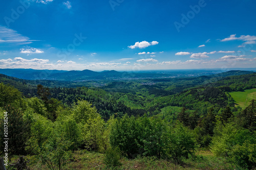 A nice view over black forest Germany in the summer with some clouds in the sky and green trees