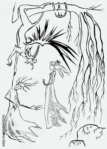 Forest spirits and a monster met under a tree