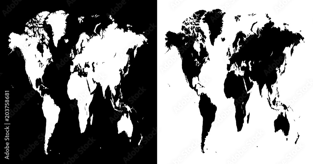 Stretched vector world map illustration isolated over white and black ...