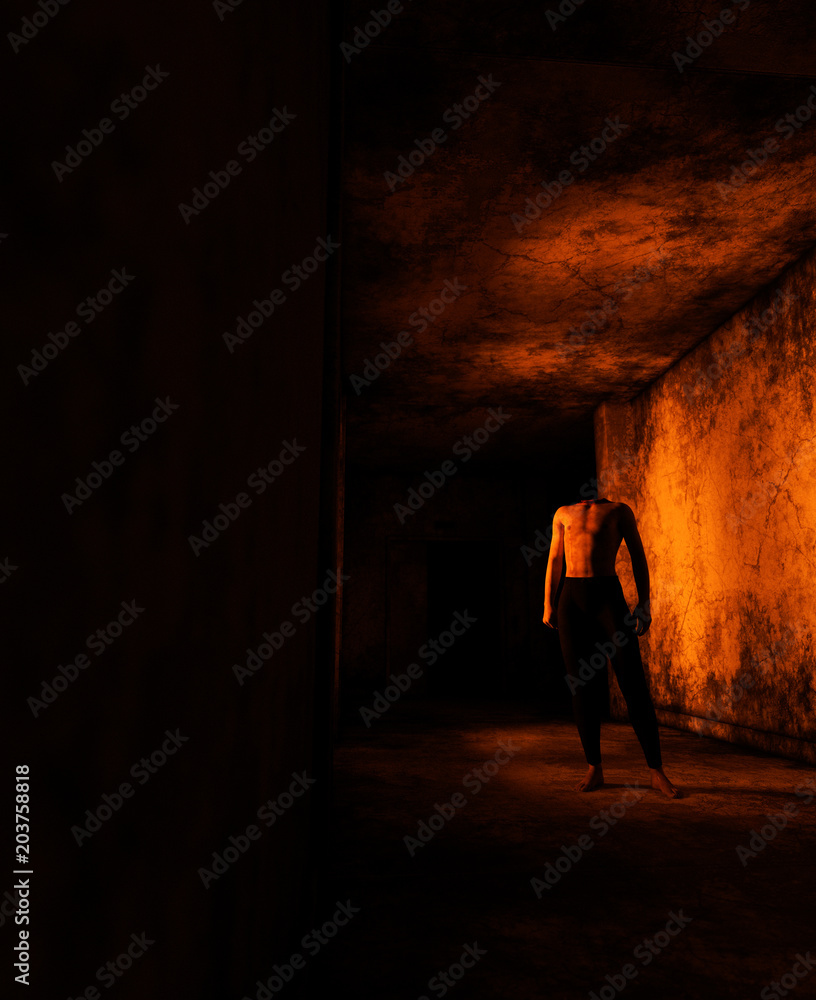 3d rendering of a headless man in haunted house - obrazy, fototapety, plakaty 
