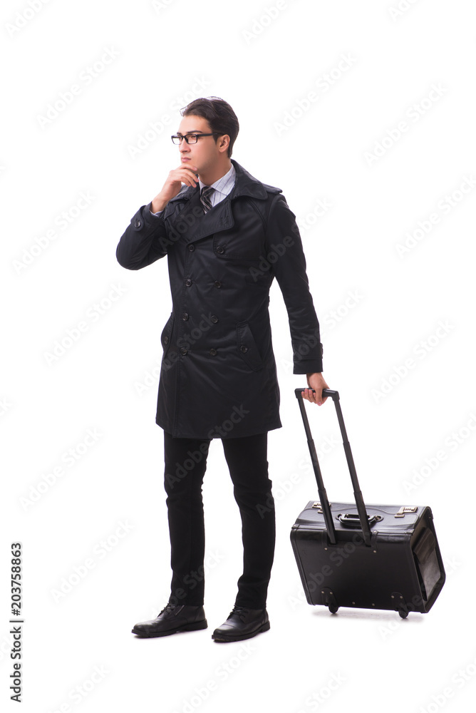 Young businessman with suitcase ready for business trip on white Young businessman with suitcase ready for business trip on white