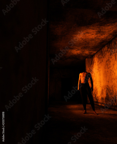 Quadro su tela 3d rendering of a headless man in haunted house