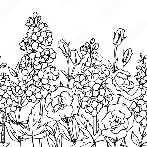 Fotografia, Obraz vector contour delphinium eustoma lisianthus rose  flowers bud leaf seamless rep