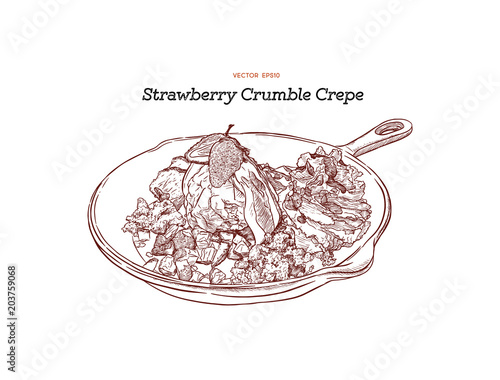 strawberry ice-cream crepe with crumble serve in pan. Hand draw sketch vector.