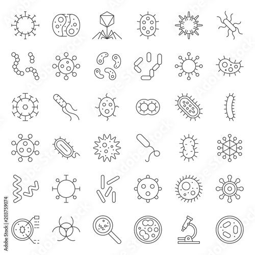 Bacteria and virus, cute microorganism icon such as e. Coli, HIV, influenza, thin line icon