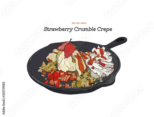 strawberry ice-cream crepe with crumble serve in pan. Hand draw sketch vector.