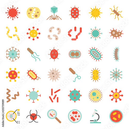 Bacteria and virus, cute microorganism icon such as e. Coli, HIV, influenza, flat design icon photo