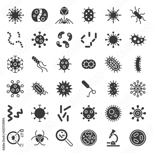 Bacteria and virus, cute microorganism icon such as e. Coli, HIV, influenza, solid icon